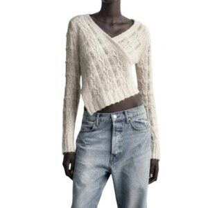 Zara Asymmetrical Loose Knit V-neck Crop Sweater Cream Size L